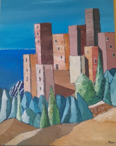Painting titled "urbanisme cotier" by Pinou, Original Artwork, Acrylic Mounted on Wood Stretcher frame
