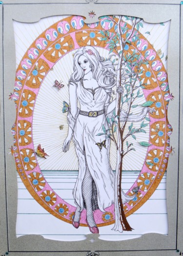Disegno intitolato "YOUNG LADY AT THE T…" da Peter Hohe, Opera d'arte originale, Altro