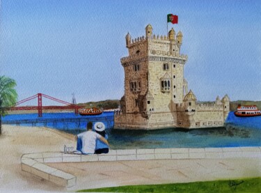 Pintura intitulada "Na Torre de Belém" por Inês Dourado, Obras de arte originais, Aquarela