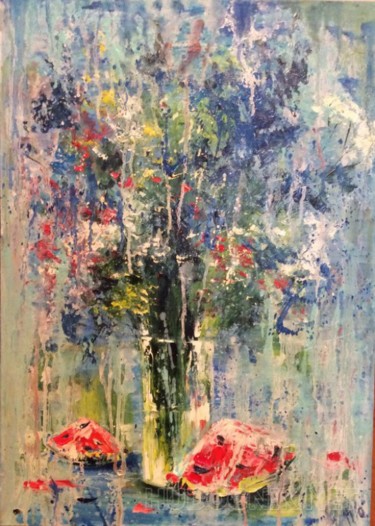 Картина под названием "Цветы и арбуз" - Юлия Пиняева, Подлинное произведение искусства, Масло