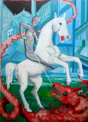 Peinture intitulée "S.Giorgio e il Drago" par Pio30, Œuvre d'art originale, Acrylique
