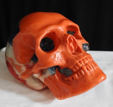 Sculpture titled "Orange Skull" by Pio30, Original Artwork, Resin