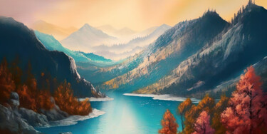 Digital Arts titled "Lake in the mountai…" by Piotr Alaborski, Original Artwork, Digital Painting