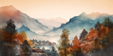Arte digital titulada "Village in the moun…" por Piotr Alaborski, Obra de arte original, Pintura Digital