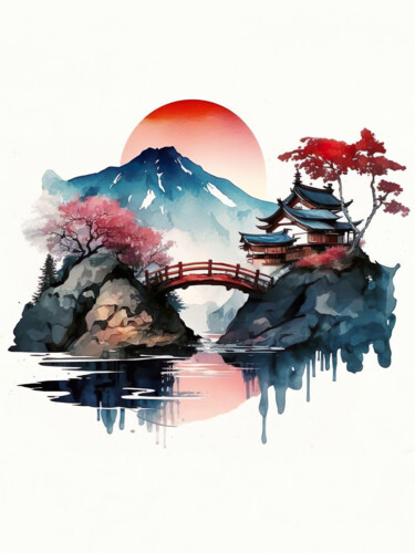 Digital Arts titled "Japanese Village" by Piotr Alaborski, Original Artwork, Digital Painting