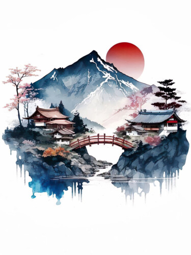 Digital Arts titled "Japanese Village #2" by Piotr Alaborski, Original Artwork, Digital Painting