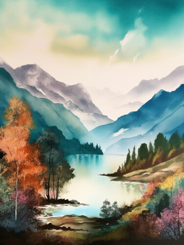 Digital Arts titled "Mountains lake" by Piotr Alaborski, Original Artwork, Watercolor