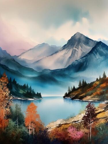 Digital Arts titled "Mountains lake #2" by Piotr Alaborski, Original Artwork, Watercolor