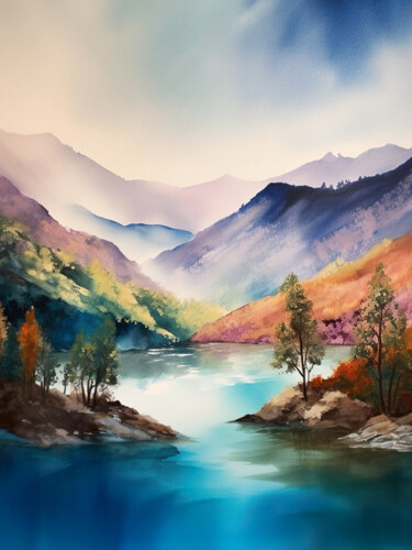 Digital Arts titled "Mountains lake #3" by Piotr Alaborski, Original Artwork, Watercolor