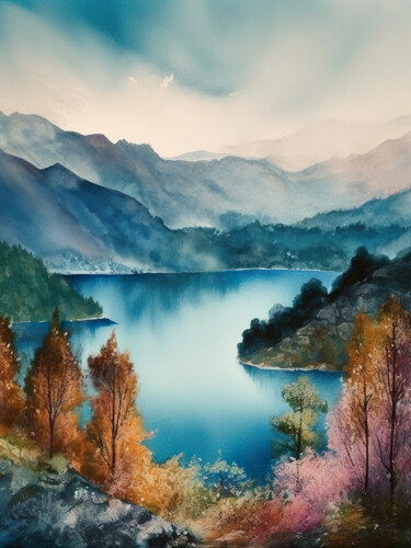 Digital Arts titled "Mountains lake #4" by Piotr Alaborski, Original Artwork, Watercolor
