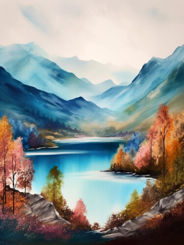 Digitale Kunst mit dem Titel "Mountains lake #5" von Piotr Alaborski, Original-Kunstwerk, Aquarell