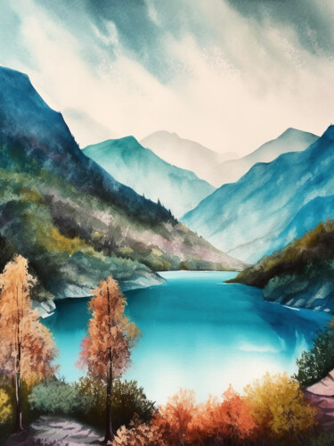 Digital Arts titled "Mountains lake #6" by Piotr Alaborski, Original Artwork, Digital Painting