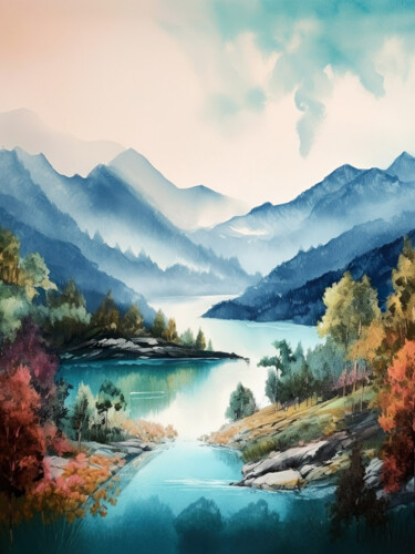 Digital Arts titled "Mountains lake #7" by Piotr Alaborski, Original Artwork, Digital Painting