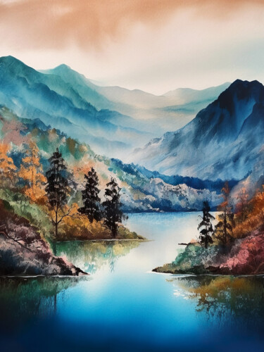 Digital Arts titled "Mountains lake #11" by Piotr Alaborski, Original Artwork, Watercolor