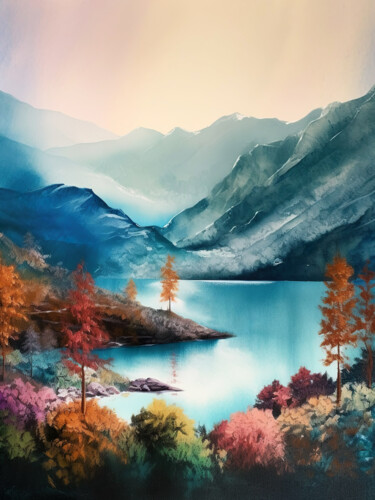 Digitale Kunst getiteld "Mountains lake #12" door Piotr Alaborski, Origineel Kunstwerk, Aquarel