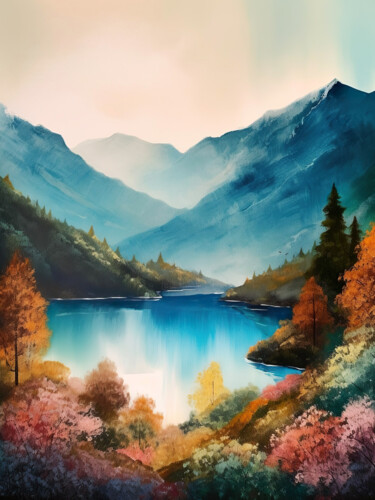 Digitale Kunst mit dem Titel "Mountains lake #13" von Piotr Alaborski, Original-Kunstwerk, Aquarell