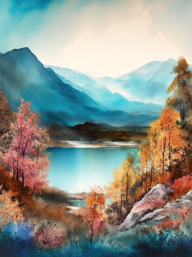 Digitale Kunst getiteld "Mountains lake #14" door Piotr Alaborski, Origineel Kunstwerk, Aquarel