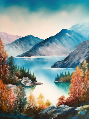 Digitale Kunst getiteld "Mountains lake #15" door Piotr Alaborski, Origineel Kunstwerk, Digitaal Schilderwerk