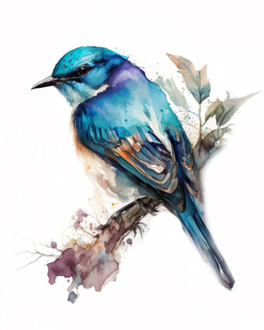 Digital Arts titled "Blue Bird" by Piotr Alaborski, Original Artwork, Watercolor