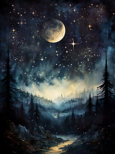 Artes digitais intitulada "Starry Night #4" por Piotr Alaborski, Obras de arte originais, Pintura digital