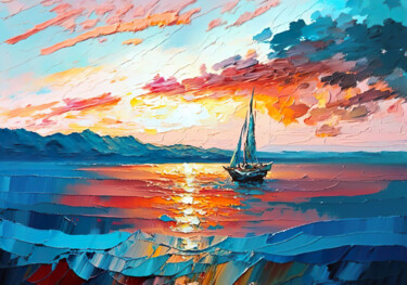 Digital Arts titled "Sailboat against a…" by Piotr Alaborski, Original Artwork, Oil