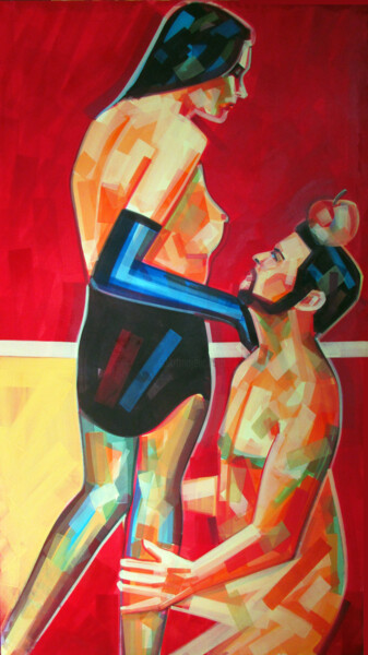 Painting titled "Adam and Eve Back i…" by Piotr Kachny, Original Artwork, Oil