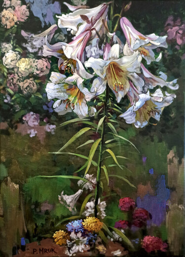 Malerei mit dem Titel "Białe lilie" von Piotr Mruk, Original-Kunstwerk, Öl