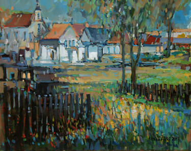 Painting titled "village impression" by Piotr Rembielinski, Original Artwork, Oil
