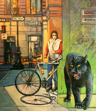 Pintura intitulada "Cyclist & graffiti…" por Piotr Rembielinski, Obras de arte originais, Acrílico