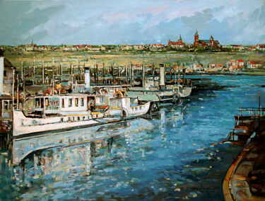 Painting titled "River port in Plock" by Piotr Rembielinski, Original Artwork, Oil