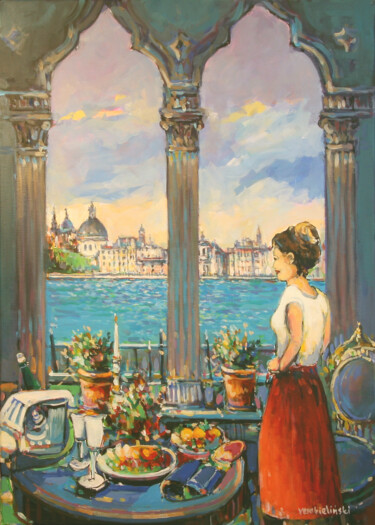 Malerei mit dem Titel "Venice woman at win…" von Piotr Rembielinski, Original-Kunstwerk, Acryl