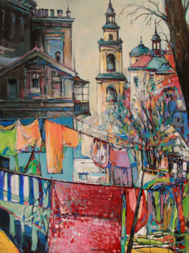 Painting titled "Laundry drying in t…" by Piotr Rembielinski, Original Artwork, Acrylic