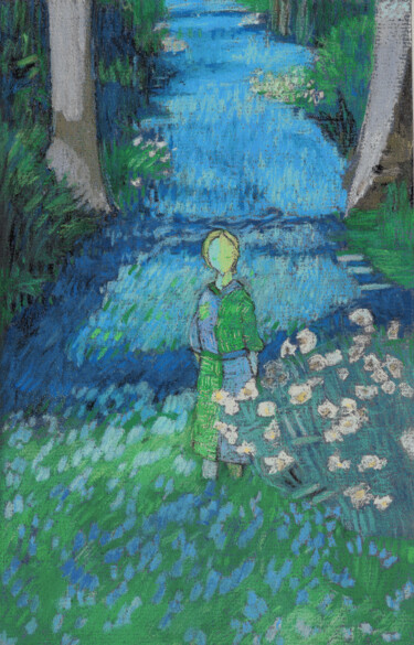 Peinture intitulée "Blue Flower Beds" par Piotr Szerszynski, Œuvre d'art originale, Pastel