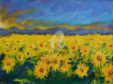 Painting titled "Field of Sunflowers" by Piotr, Original Artwork, Oil