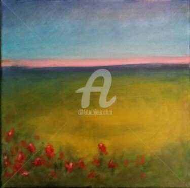 Painting titled "sunset-with-red-flo…" by Piotr, Original Artwork, Oil