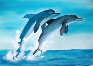 Painting titled "delfines saltando" by Pipo Jost Nicolas, Original Artwork, Watercolor