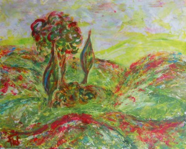 Painting titled "Paysage en Vert et…" by Piroska Fekete Fkt, Original Artwork, Acrylic Mounted on Wood Panel