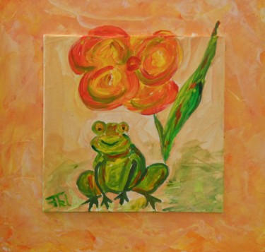 Painting titled "Froggy à la Fleur" by Piroska Fekete Fkt, Original Artwork, Acrylic