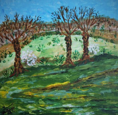 Painting titled "Printemps au Verger" by Piroska Fekete Fkt, Original Artwork, Acrylic