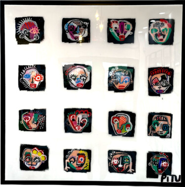 Painting titled "16 Heads (White Bac…" by Pitu, Original Artwork, Acrylic