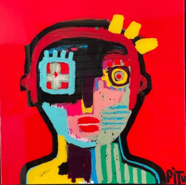 Painting titled "Tête rouge" by Pitu, Original Artwork, Acrylic Mounted on Wood Stretcher frame