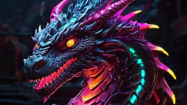 Цифровое искусство под названием "Neon dragon" - Pixqix, Подлинное произведение искусства, Изображение, сгенерированное ИИ