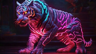 Цифровое искусство под названием "Neon tiger" - Pixqix, Подлинное произведение искусства, Изображение, сгенерированное ИИ