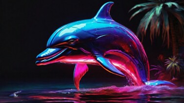 Цифровое искусство под названием "Neon dolphin" - Pixqix, Подлинное произведение искусства, Изображение, сгенерированное ИИ