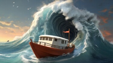 Arte digital titulada "Boat at sea" por Pixqix, Obra de arte original, Imagen generada por IA