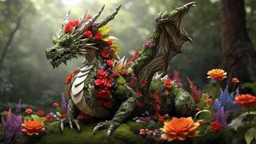 Digitale Kunst getiteld "Flower dragon" door Pixqix, Origineel Kunstwerk, AI gegenereerde afbeelding