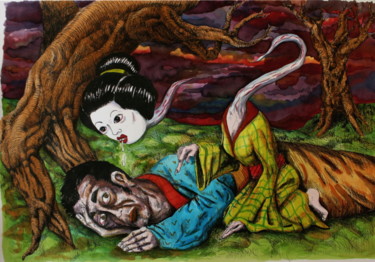 Desenho intitulada "Nukekubi" por Patrick Jannin, Obras de arte originais, Tinta