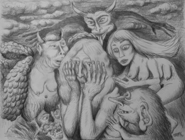 Рисунок под названием "La tentation de sai…" - Patrick Jannin, Подлинное произведение искусства, Карандаш