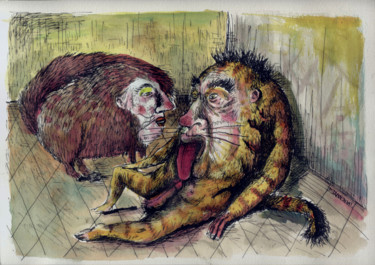 Tekening getiteld "Ma langue au chat" door Patrick Jannin, Origineel Kunstwerk, Inkt