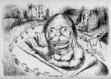 J'ai vu, sur l'autoroute, une femme nue qui bronzait Dessin intitulée "J'ai vu, sur l'auto…" par Patrick Jannin, Œuvre d'art originale, Encre